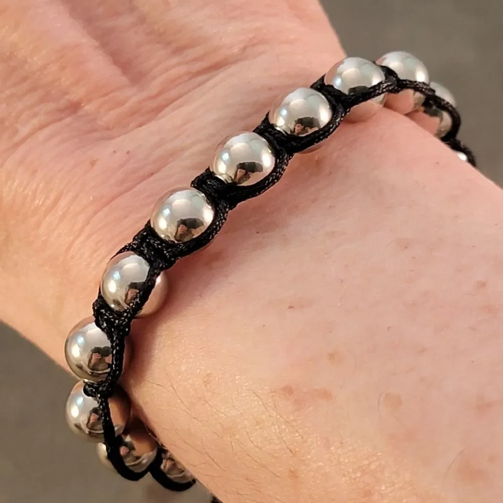 New Silver 8mm Stainless Steel Beaded Cord Adjustable Bracelet